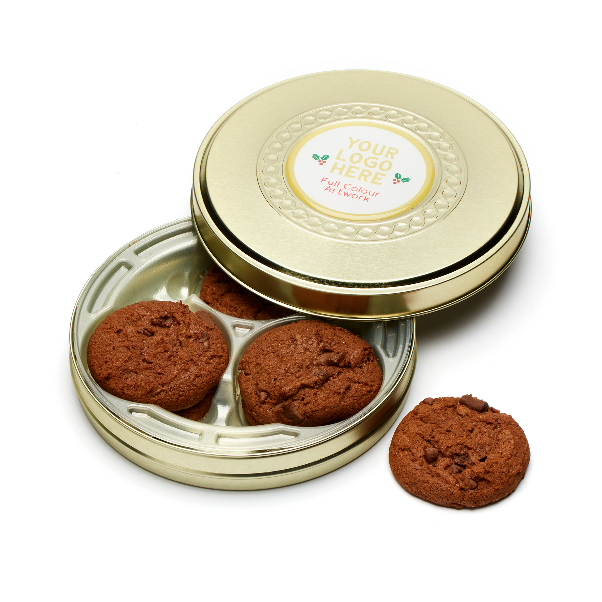 Winter Collection - Shallow Gold Treat Tin - Belgian Chocolate Cookies  Black and White London