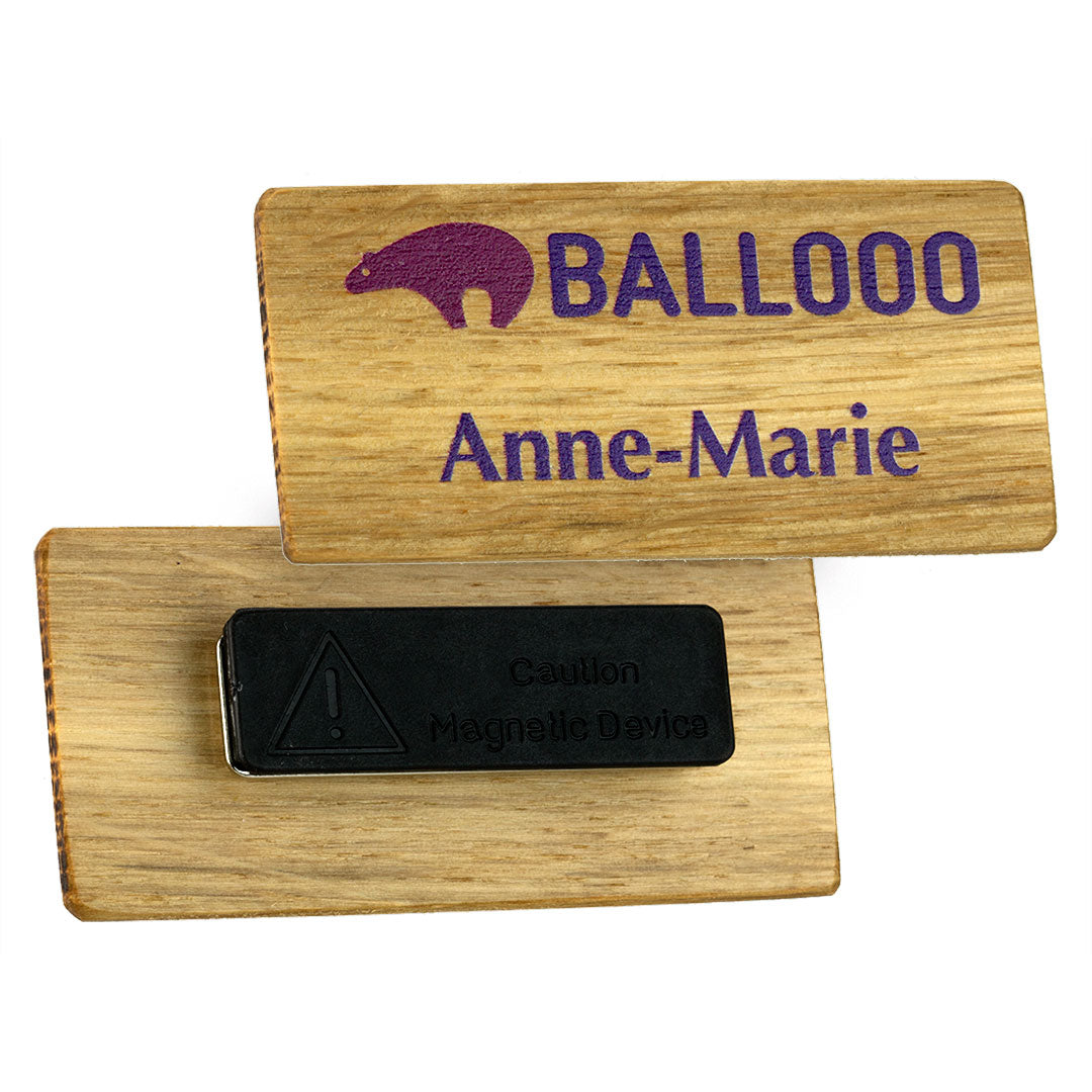 Real Oak Wood Framed Name Badges Badges Black and White London