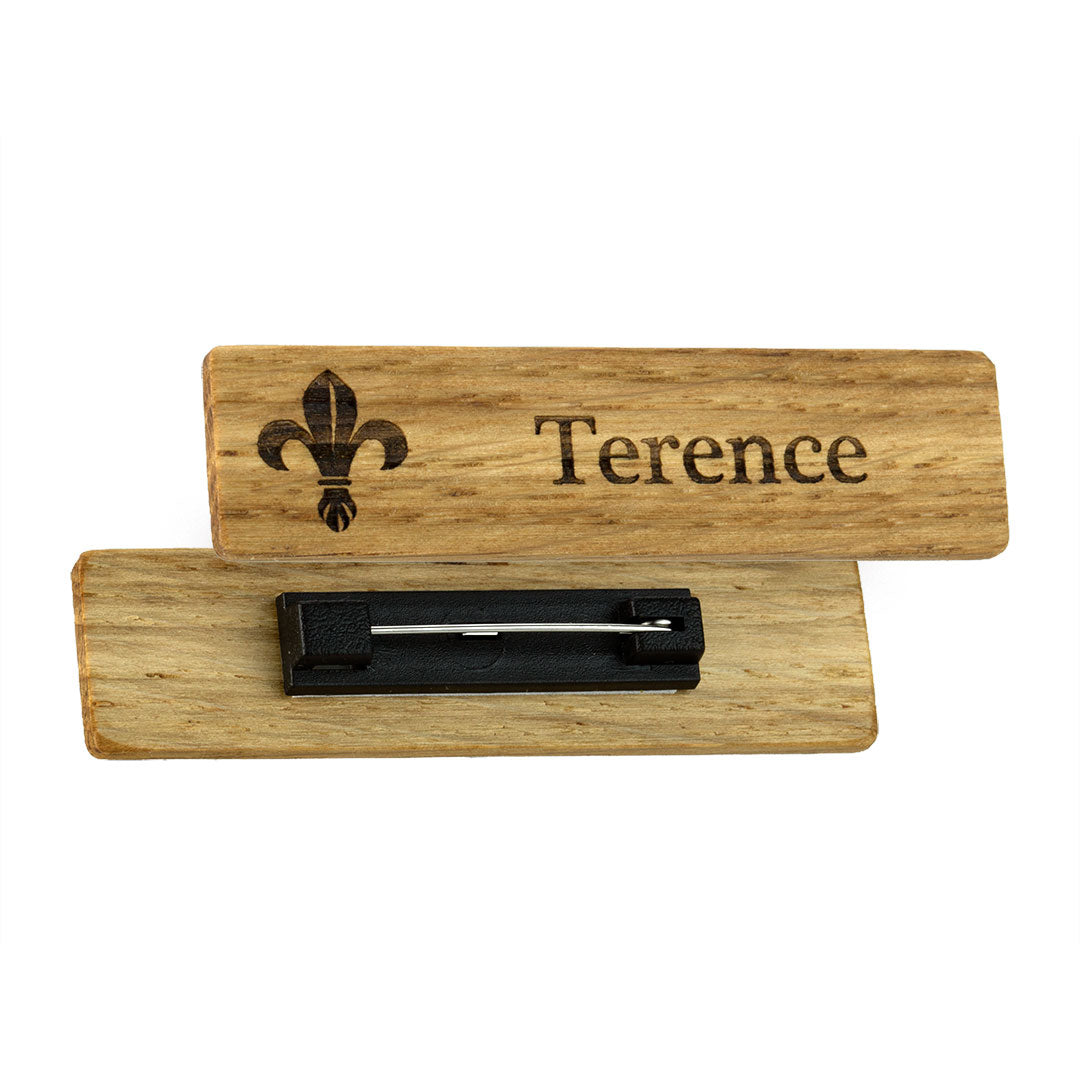 Real Oak Wood Framed Name Badges Badges Black and White London